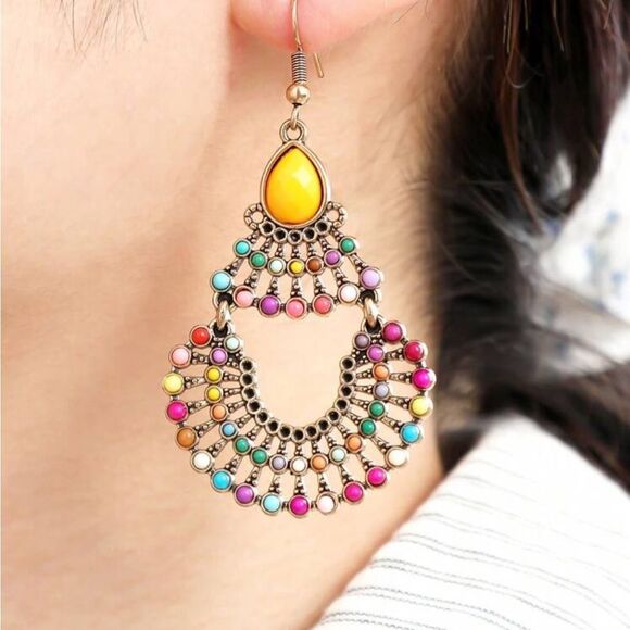 Bohemian Malachite/Faux‎ Citrine Multi-Color Drop Earrings - Picture 2 of 10